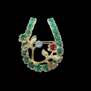 Vintage Emerald Green Rhinestone & Flower Horseshoe Brooch